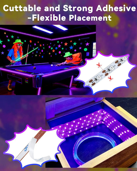 16.4Ft Black Light Strip Kit With USB Plug And Battery Box Two 8.2Ft Strips 300LEDs Adhesive Mounting Neon