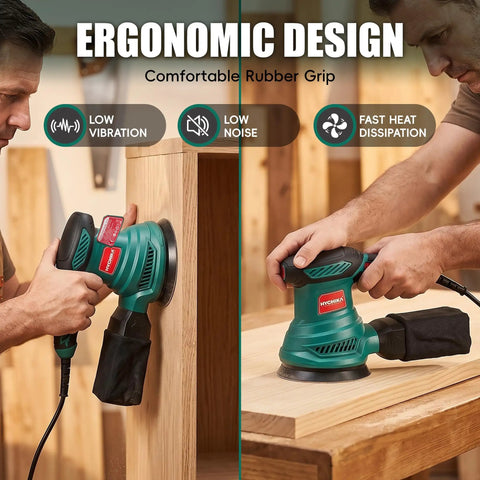 5 Inch Random Orbital Sander With 13000 RPM Power demonstrating ergonomic design and rubber grip in woodworking setting