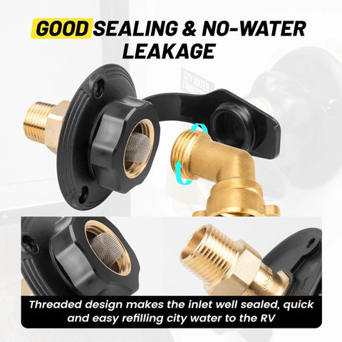 City Water Inlet For RV With Lead Free Brass And Check Valve, Three Quarter Inch NH Female To One Half Inch NPT Male Connection, Water Fill Inlet Flange Replacement For Camper Trailer Motorhome And Marine Use, threaded brass close-up