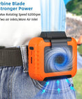 6000mAh Portable Waist Clip Fan With Necklace Mode on jeans, showing airflow at 6200RPM, strong clip attachment