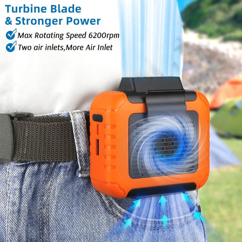 6000mAh Portable Waist Clip Fan With Necklace Mode on jeans, showing airflow at 6200RPM, strong clip attachment