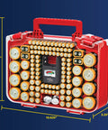 Smart Battery Organizer Case With Tester Double Sided Battery Daddy Style Storage That Holds Up To 150 Batteries Clear Locking Lid As Seen On TV Easy View Design For Fast Access And Safe Storage. Front view showing dimensions.