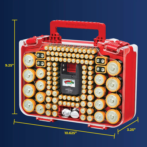 Smart Battery Organizer Case With Tester Double Sided Battery Daddy Style Storage That Holds Up To 150 Batteries Clear Locking Lid As Seen On TV Easy View Design For Fast Access And Safe Storage. Front view showing dimensions.