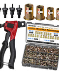Rivet Nut Tool Kit 500-Piece Set with Manual Tool includes 1/4-20, 10-24, 8-32, 6-32 rivet nuts in storage box.
