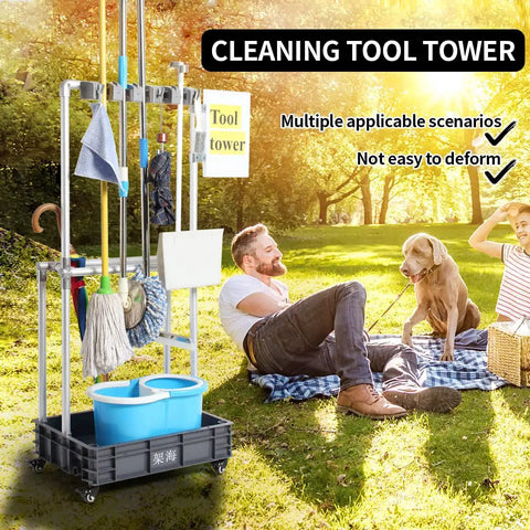Cleaning Tool Tower On Wheels With Mop Holder, Umbrella Stand, Drip Tray And Tool Storage Rack, 5S Shadow Board outdoors