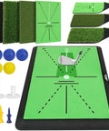 Three In One Golf Practice Mat With Swing Path Feedback showing fairway, rough, putting pads, golf balls, and tees on rubber base.