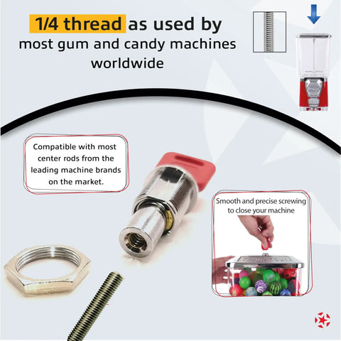 Top Lid Lock And Key Set For Gumball Capsule Machines GV25 GV18 with 1/4 inch thread and installation example
