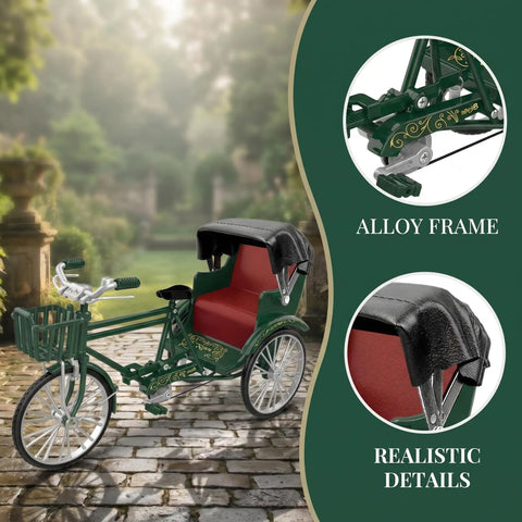 Deadset Cool Design 1:12 Scale Alloy Tricycle Model And Three Wheeled Rickshaw Miniature Figurine In Green detailed with realistic features.
