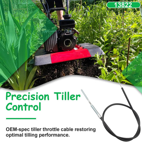 Throttle Cable Replacement For Front Tine Tillers And Cultivators Fits Versa 20015 And Vector Models displayed with tiller in field