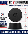 Tough As Nails USA Built Heavy Duty Round Trailer Leveling Blocks For RV Camper And Fifth Wheels UV Resistant Recycled Plastic Jack Pads Handle Up To Ten Thousand LBS Rock Stable Setup shown from top and side detail.
