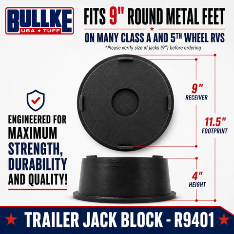Tough As Nails USA Built Heavy Duty Round Trailer Leveling Blocks For RV Camper And Fifth Wheels UV Resistant Recycled Plastic Jack Pads Handle Up To Ten Thousand LBS Rock Stable Setup shown from top and side detail.