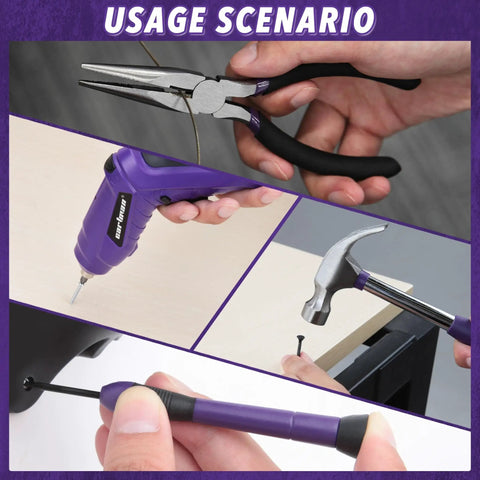 149 Piece Tool Set With Purple Cordless Screwdriver For Home DIY Projects In Use, Features Pliers, Hammer, and Screwdriver