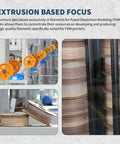 Extrusion process of Marble Rock PLA Filament 1.75mm for 3D printing, spools showing realistic stone texture with veining.