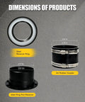 4 Inch Magnetic Dust Collection Fitting Starter Kit With One To Multi Quick Connect System And Strong Rare Earth Magnet Seal dimensions, including steel receiver ring and rubber coupler.