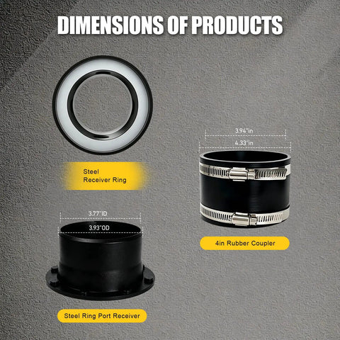 4 Inch Magnetic Dust Collection Fitting Starter Kit With One To Multi Quick Connect System And Strong Rare Earth Magnet Seal dimensions, including steel receiver ring and rubber coupler.
