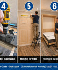 Queen Size Murphy Bed Hardware Kit Featuring Bulletproof Gas Piston Lift Systems installation steps with tools and finished wall bed.