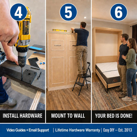 Queen Size Murphy Bed Hardware Kit Featuring Bulletproof Gas Piston Lift Systems installation steps with tools and finished wall bed.