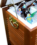 Wooden Patio Cooler With Eucalyptus Exterior And Double Wall Insulation Fully Assembled Ready For Backyard BBQ Sessions Side Carry Handles Durable Outdoor Party Cooler filled with ice and beverages