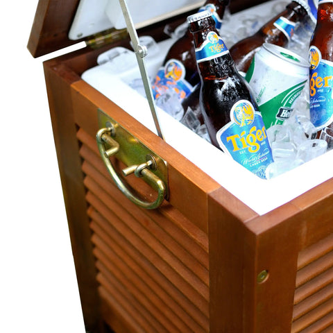 Wooden Patio Cooler With Eucalyptus Exterior And Double Wall Insulation Fully Assembled Ready For Backyard BBQ Sessions Side Carry Handles Durable Outdoor Party Cooler filled with ice and beverages