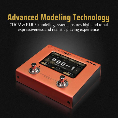 Ampero Mini MP-50 Guitar and Bass Amp Modeling Console With IR Cabinets in orange, featuring advanced modeling technology.