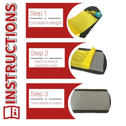 Instructions showing steps to use Stair Tread Installation Kit With Adhesive Double Sided Tape For Treads And Runners 6 Inch Wide