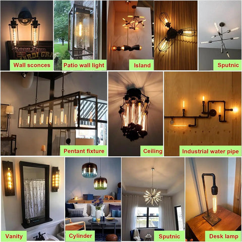 9 suspended lights showcasing 6 Pack E26 LED Bulbs 6W Dimmable 2700K Soft White 800 Lumens in rustic fixtures and chandeliers.