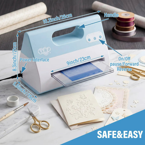 Electric Automatic A4 Die Cutting And Embossing Machine With Complete Accessory Kit on a work surface, showing power interface and handle.