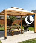 Super Strong Heavy Duty Steel L Angle Brackets Six By Six By Five Inches Two Pack For Wood Built To Support Three Hundred Pounds On Shelves Countertops Pergolas Fence Posts With Pre Drilled Holes shown under pergola for wood support.