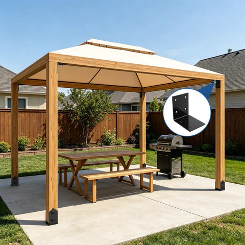 Super Strong Heavy Duty Steel L Angle Brackets Six By Six By Five Inches Two Pack For Wood Built To Support Three Hundred Pounds On Shelves Countertops Pergolas Fence Posts With Pre Drilled Holes shown under pergola for wood support.