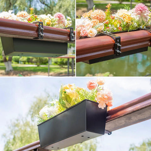 Railing Planter Set For Outdoor Plants 16 Inch Metal Rectangular Window Boxes With Adjustable Brackets mounted on railing