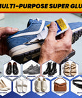 Person applying heavy duty shoe glue for sole repair and reattachment on sneakers, boots, heels, waterproof all-purpose cyanoacrylate adhesive.