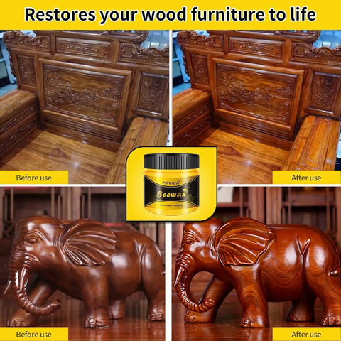 Beeswax Wood Polish And Conditioner Kit For All Finishes with visible before and after furniture restoration results