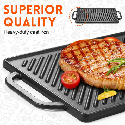 Reversible Cast Iron Grill Griddle With Double Sided Grill Pan For Gas Grills And Stove Tops 13 Inch By 8 Inch showing ribbed surface