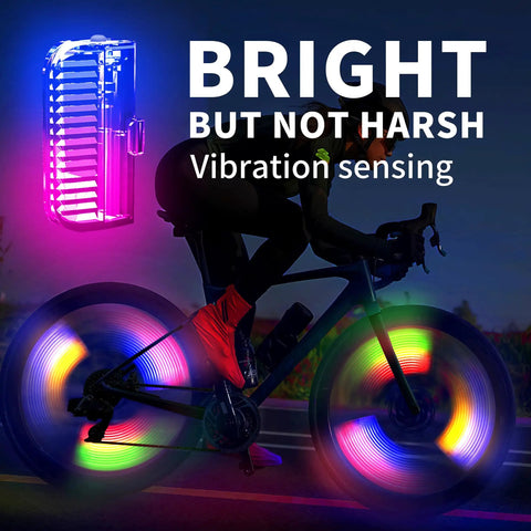Cyclist with Rechargeable Bike Wheel Lights 2 Pack Weatherproof Spoke Lights For All Wheel Sizes Seven Color Changing With Motion Sensor Auto On Off