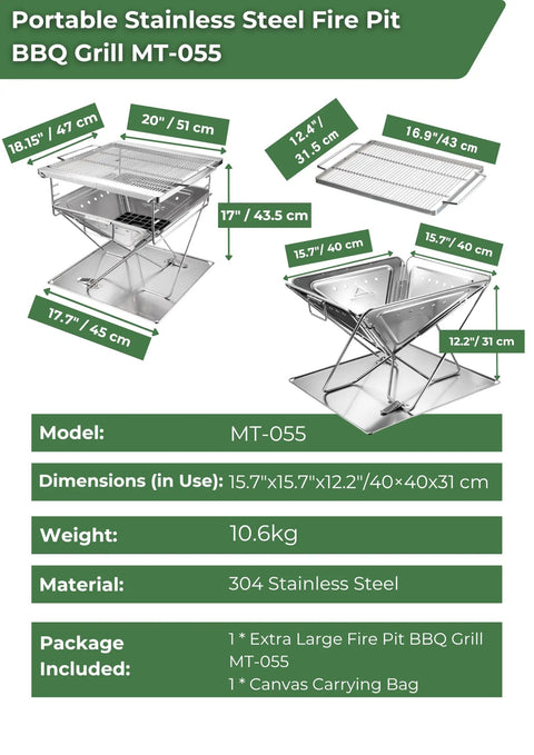 Diagram of Three In One Flatpack Portable Fire Pit And Grill 16 Inch Heavy Duty Stainless Steel Wood Burning Camping Stove MT055 with dimensions