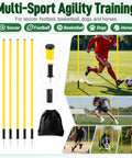 Soccer Agility Poles Set, 5 Ft Adjustable Speed And Agility Training Gear, 6 Pack With Ground Nails For Outdoor Drills displayed