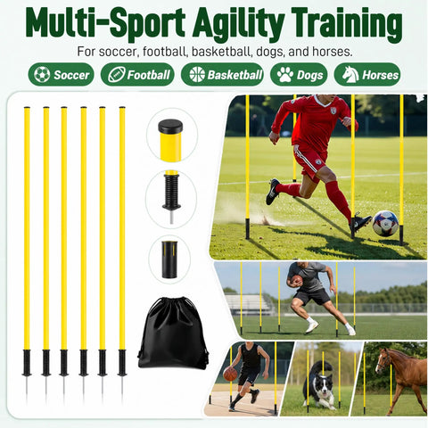 Soccer Agility Poles Set, 5 Ft Adjustable Speed And Agility Training Gear, 6 Pack With Ground Nails For Outdoor Drills displayed