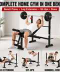 Man using All-In-One Adjustable Weight Bench With Leg Extension And Curl for bench press in home gym setting