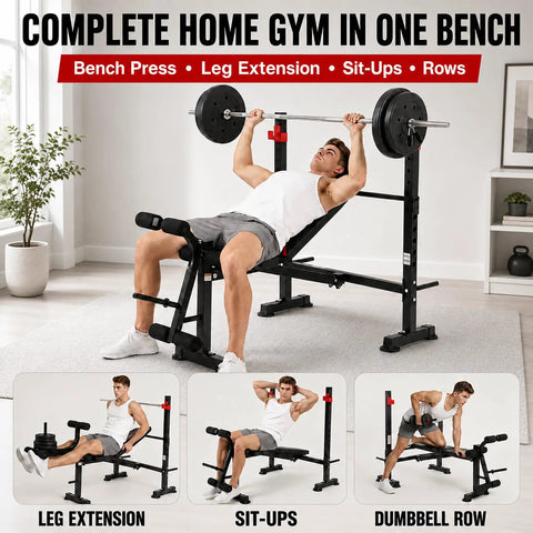 Man using All-In-One Adjustable Weight Bench With Leg Extension And Curl for bench press in home gym setting