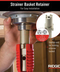 No Fuss Under Sink Faucet Install And Removal Wrench With 6 Sided Cube Insert For Five Eighths, Three Quarters, Seven Eighths, Fifteen Sixteenths And One Inch Nuts Ridgid EZ Change Tool being used to install a strainer basket under a sink.