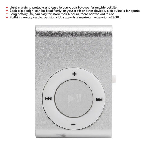 Close-up of silver Two Pack Portable Clip On MP3 Players With Aluminum Alloy Bodies highlighting circular control buttons.