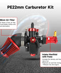 PE22 22mm Carburetor Jet Kit For Predator 212cc And 196cc Clone Engines, Coleman Mini Bike CT200U-EX BT200X B200R KT196, Go Kart Baja Warrior GX160 GX200, Includes Intake Manifold, showing intake manifold and air filter