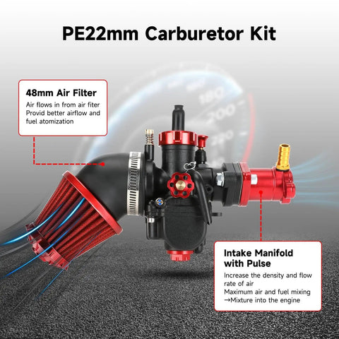 PE22 22mm Carburetor Jet Kit For Predator 212cc And 196cc Clone Engines, Coleman Mini Bike CT200U-EX BT200X B200R KT196, Go Kart Baja Warrior GX160 GX200, Includes Intake Manifold, showing intake manifold and air filter