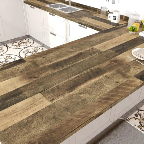 Brown Wood Contact Paper Peel And Stick Countertop Vinyl Wrap Waterproof Wood Grain Wallpaper For Kitchen Cabinets And Tables Removable Self Adhesive Roll Perfect For DIY Countertop Makeovers No Mess Installation 15.8 by 394 Inches on modern kitchen countertop.
