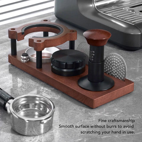 Level Up Your Daily Grind With This Premium Solid Wood Coffee Tamper Station Universal 58mm Portafilter Holder on kitchen counter.