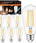 Dimmable Edison LED Bulbs 60W Equivalent E26 4000K Natural Daylight Vintage ST58 Filament Bulbs Clear Glass Six Pack