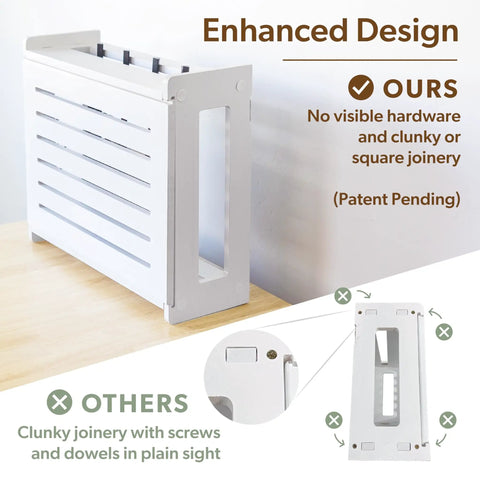 Dark Oak Router Storage Box With Wall Mount And Cable Management System features enhanced design, no visible hardware, patent pending.