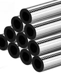30 Pack Pipe Insulation Foam Tubes Three Quarters Inch Self Adhesive Exterior Pipe Insulation Wrap Keeps Outdoor Pipes From Freezing With Aluminum Foil Covers Spigot Sprinkler Protection 1.3 Feet Each shown in a grid.