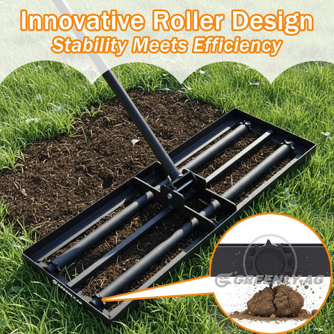 Heavy Duty Lawn Leveling Rake With Four Spiked Wheels And Smooth Roller For Multi Surface Grading on grass surface