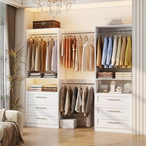 Premium Modular Closet System With Twelve Roomy Drawers Expands Effortlessly From Eight To Twenty One Feet No Sweat Setup Tailors Your Custom Walk In Wardrobe Organizer with hanging clothes and drawers.